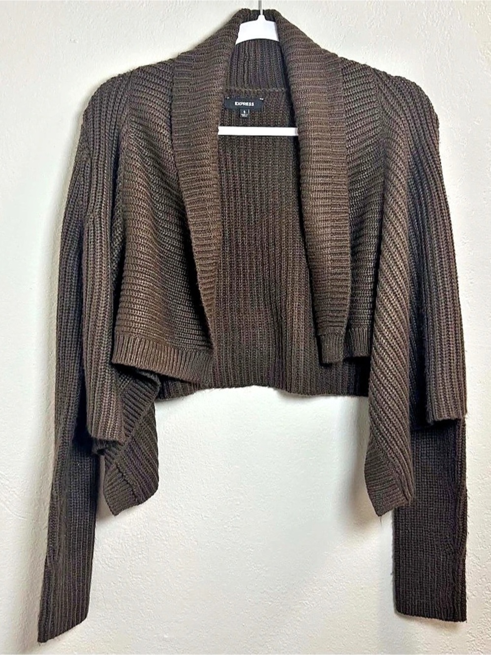 Express Women's Brown Rib-Knit Shawl Collar Open Front Cardigan Sweater Small